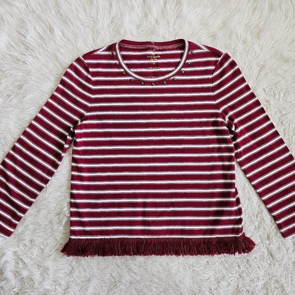 Kate Spade Women's Red Stripes Tassel Trim Crew Neck Long Sleeves Shirt Top XS - Picture 2 of 8